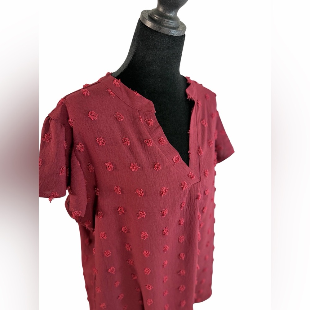 B. Burgundy Fuzzy Dot V-Neck Shirt XL Boho Flutter Sleeve Blouse Size M - Picture 3 of 7